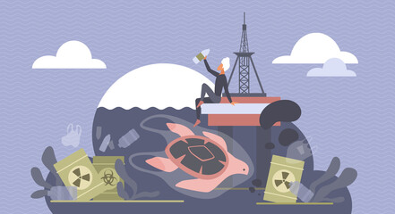 Fototapeta na wymiar Ocean pollution, global environmental problem vector illustration. Cartoon turtle swimming in dirty water full of toxic industrial garbage, plastic bags and bottles. Ecology, environment concept