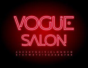 Vector bright glamour banner Vogue Salon with Red Neon Font. Elegant electric light Alphabet Letters and Numbers set 