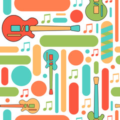 Vector seamless pattern with guitar and music notes, different bright geometric figures. Hand-drawn flat illustration perfect for design fabric and textiles, wrapping paper, music poster and banner. 