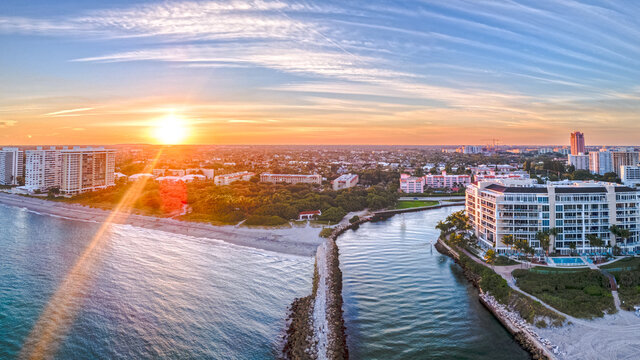 aerial drone shot of Sunset over city of Boca Raton, Florida
