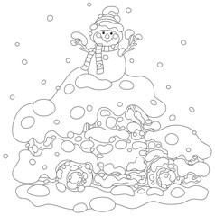Funny toy snowman with a warm hat and a striped scarf on a snow-covered roof of a car on a snowy winter day, black and white outline vector cartoon illustration for a coloring book page