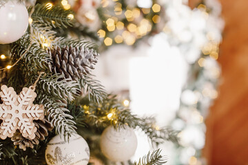 Blurred texture with christmas balls on the Christmas tree, Happy New Year