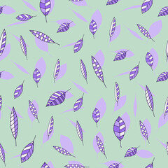 Seamless pattern with violet leaves on green background. Doodle style.