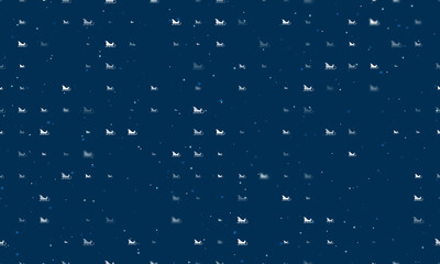 Seamless background pattern of evenly spaced white sleigh symbols of different sizes and opacity. Vector illustration on dark blue background with stars