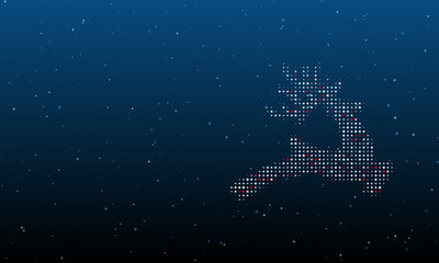 On the right is the Christmas deer symbol filled with white dots. Background pattern from dots and circles of different shades. Vector illustration on blue background with stars