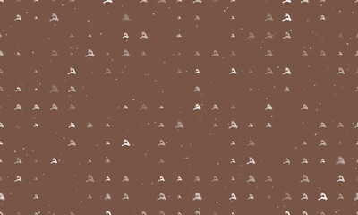 Seamless background pattern of evenly spaced white Christmas deers of different sizes and opacity. Vector illustration on brown background with stars