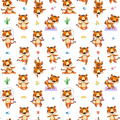 Obraz premium Seamless pattern with happy tigers who go in for sports. A cute animal doing yoga in different poses. Symbol 2022. Vector illustration in cartoon childish style.