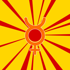 Astrological mercury symbol on a background of red flash explosion radial lines. A large orange symbol is located in the center of the sunrise. Vector illustration on yellow background