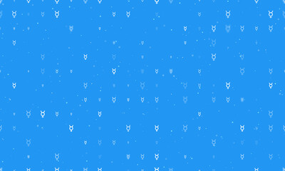 Seamless background pattern of evenly spaced white astrological mercury symbols of different sizes and opacity. Vector illustration on blue background with stars
