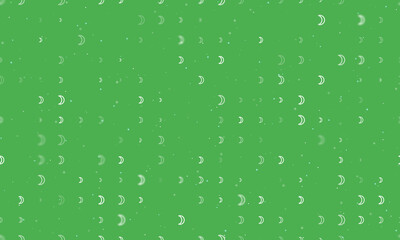 Seamless background pattern of evenly spaced white moon astrological symbols of different sizes and opacity. Vector illustration on green background with stars