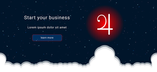 Business startup concept Landing page screen. The white jupiter astrological symbol on the right. Vector illustration on dark blue background with stars and curly clouds from below