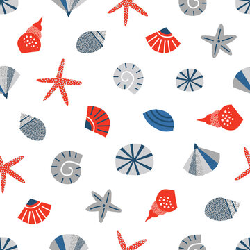 Blue Red White Sea shell Conch Starfish vector seamless pattern. Abstract cockleshells marine life background. Scandinavian decorative childish surface design for nautical nursery navy kids fabric.