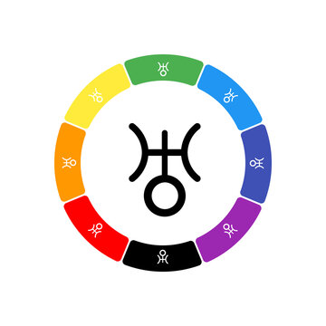 A large black astrological uranus symbol in the center, surrounded by eight white symbols on a colored background. Background of seven rainbow colors and black. Vector illustration on white background