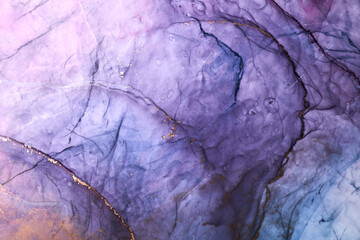 Luxury abstract background in alcohol ink technique, purple gold liquid painting, scattered acrylic blobs and swirling stains, printed materials