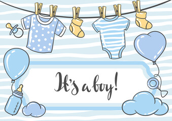 Happy Birthday greeting and invitation card. Holiday baby boy shower celebration symbols.