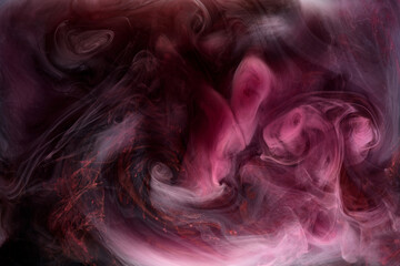 Pink smoke on black ink background, colorful fog, abstract swirling touch ocean sea, acrylic paint pigment underwater