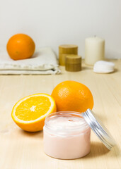 Natural face cream. Cosmetic cream with orange extract.