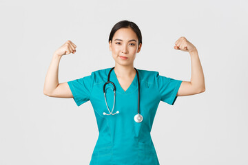 Covid-19, healthcare workers and preventing virus concept. Confident professional asian female...