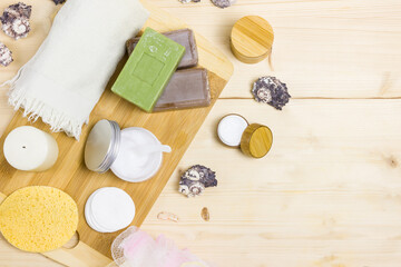 Skin care. Natural cosmetic. Wooden light background. Flat lay