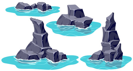 Old gray stones in marsh. Set broken cartoon rocks in water. Vector crag and sea for computer games isolated on white background. © valadzionakvolha