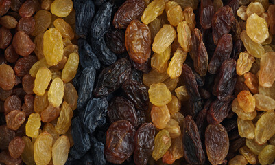 Seven different varieties of raisins are placed in rows. The texture of grains of raisins of...