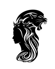 fairy tale queen or princess wearing royal crown with roaring lion profile head black and white vector silhouette portrait