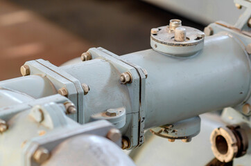 Bolted connection of pipes. Industry. Close-up.