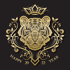 Happy 2022 Year golden black greeting card with Chinese symbol tiger head in vintage wreath and crown.