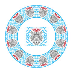 Pattern brush element and round frame with ornamental tiger head. Tiger muzzle on floral patterned border.
