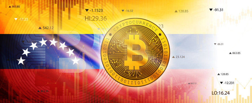 Creative (Venezuela) Flag banner of gold BITCOIN (BTC), Cryptocurrency growing trend, 3D illustration.