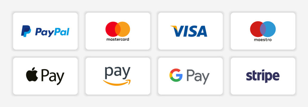 Online Payment Methods Icons Set : Paypal, Mastercard, Visa, Maestro, Apple Pay, Amazon Pay, Google Pay & Stripe Company Vector Logo