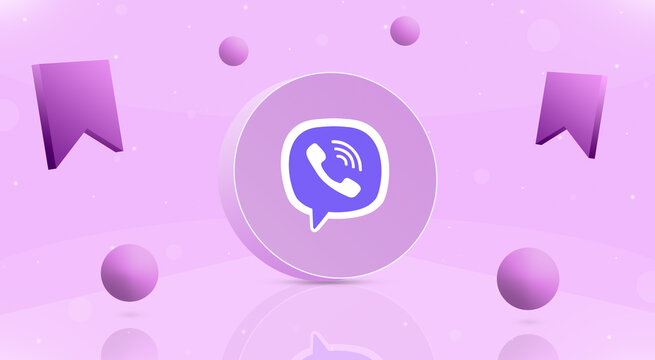 Round button with viber logo, balls and save icon around 3d