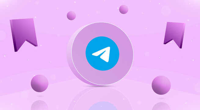 Round button with telegram logo, balls and save icon around 3d