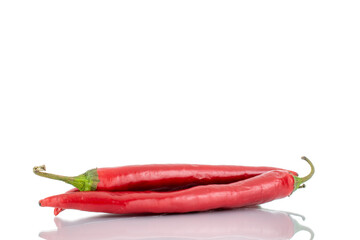 Three pods of hot red pepper, close-up, isolated on white.