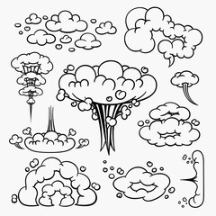 Comic clouds, cartoon vector clouds in line style isolated on light background.