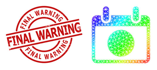 Final Warning unclean seal, and low-poly spectrum colored atomic calendar page icon with gradient. Red seal contains FINAL WARNING text inside round and lines shape.