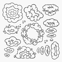 Comic clouds, cartoon vector clouds in line style isolated on light background.