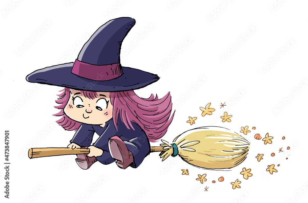 Wall mural illustration of little witch girl flying with broom