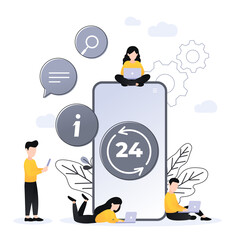 24 7 service concept or call center, big smartphone and small people with laptops in flat vector illustration. nonstop customer support. Mobile self-service layout template for web banner.