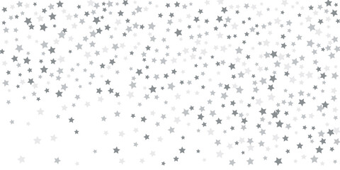 Silver star confetti. Falling stars on a white background. Illustration of flying shining stars. Decorative element.