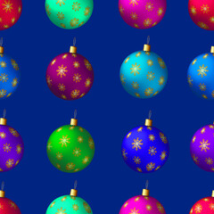 Vector seamless pattern. Multicolor realistic decorative balls with golden snowflakes for new year or Christmas on dark blue background. Holiday design for textile, wallpaper, wrapping paper.