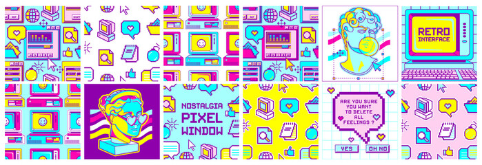 Fun pack of retro computer square posters and seamless patterns and  stickers . Old pc aesthetic pixel window  1980s -1990s style. Cool retrowave user interface and desktop illustrations.