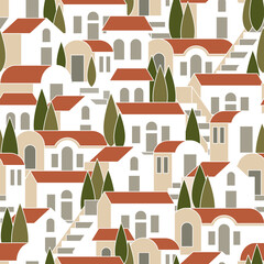 Seamless pattern with houses, steps and trees with white stroke. Vector illustration in flat style