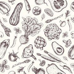 Fresh vegetables seamless pattern. Pumpkin, eggplant, artichoke, pepper, tomato, avocado, asparagus engraved. Vintage botanical background in engraved style for fabric, wrapping paper