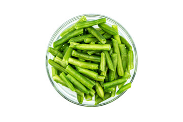 Green beans in glass bowl isolated on white background top view