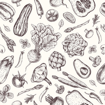 Fresh vegetables seamless pattern. Pumpkin, eggplant, artichoke, pepper, tomato, avocado, asparagus engraved. Vintage botanical background in engraved style for fabric, wrapping paper