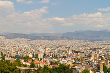 Fototapeta na wymiar Panoramica, panoramic, paisaje, landscape, vista, view, skyline en la ciudad de Atenas o Athens en el pais de Grecia o Greece