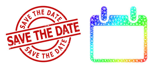 SAVE THE DATE grunge stamp seal, and low-poly spectrum colored calendar leaf icon with gradient. Red stamp seal includes Save the Date title inside circle and lines form.