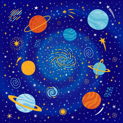 Colorful space background with planets, galaxy, comets and stars in cartoon style. Cute vector kids illustration with cosmic elements. 