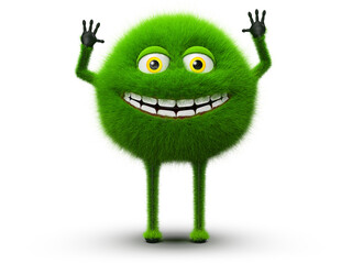 Grünes flauschiges Monster mit fröhlichem Gesichtsausdruck und lächelndem Mund, isoliert auf...